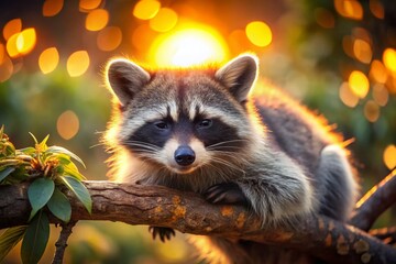 Obraz premium Adorable Raccoon Resting on Tree Branch with Bokeh Background - Cute Wildlife Stock Photo