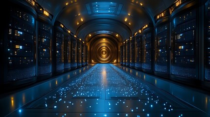 Futuristic server room corridor with glowing floor.