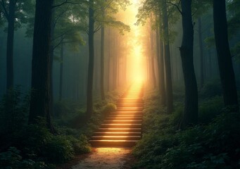 Fototapeta premium Beautiful illuminated path through a mystical forest at dawn