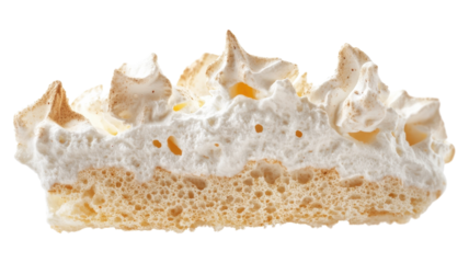 Layered meringue dessert showcasing a light, airy texture with creamy topping and golden-brown peaks against a neutral backdrop.