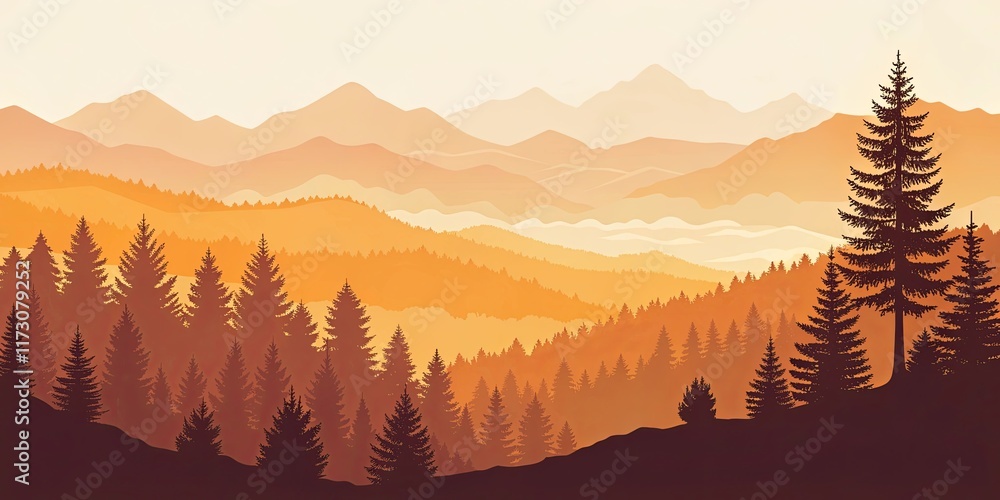 Poster a beautiful mountain landscape with a tree in the foreground