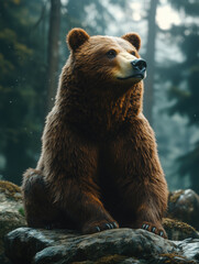 Fototapeta premium Brown bear sitting on a rock in the winter forest.