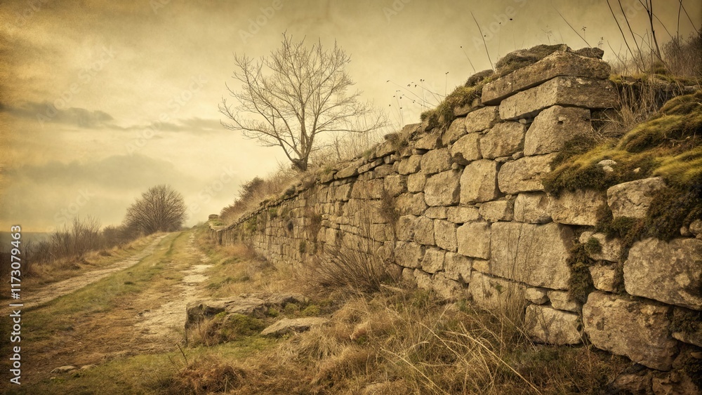 Poster a stone wall with a tree in the background