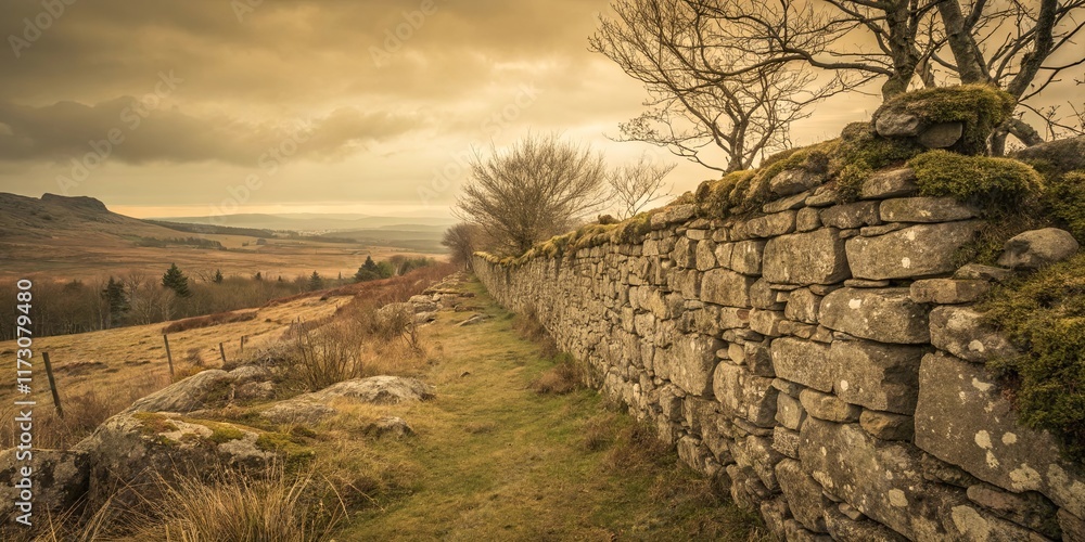 Poster A wall made of stone blocks with a path in between