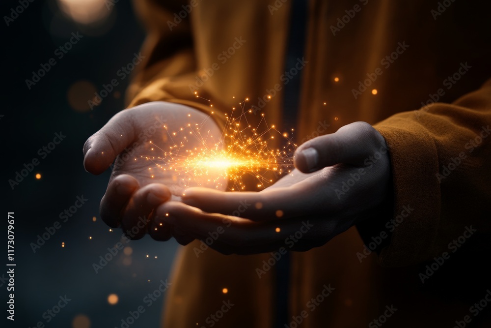 Aufkleber hands holding bright sparkles and light in a dark forest setting during twilight hours