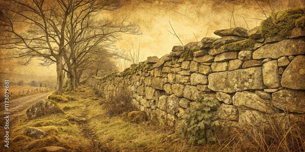 Poster a stone wall with a tree in the foreground