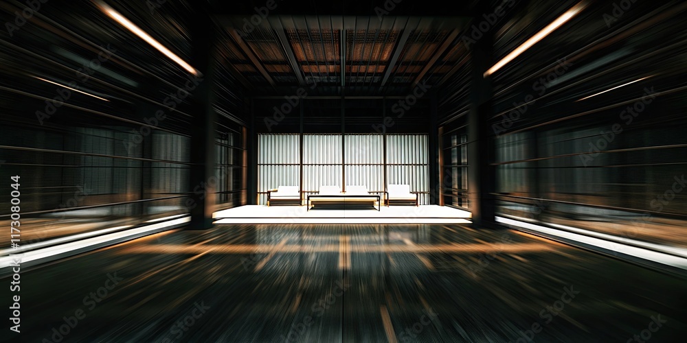 Poster a large room with a lot of empty space and a few chairs