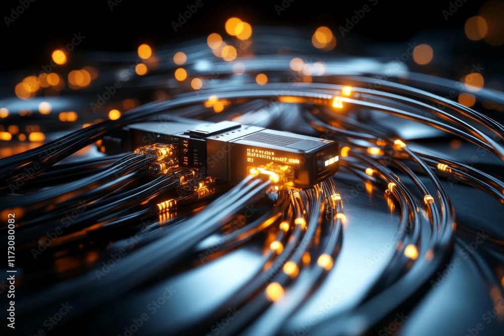 Poster cables and connectors illuminated by soft orange lights create a vibrant tech atmosphere in a dark e