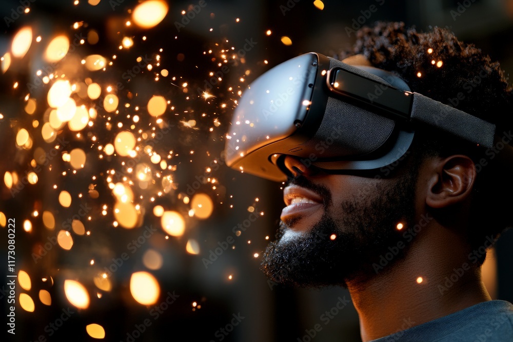 Poster man experiences virtual reality with immersive visuals and vibrant sparkles in a dimly lit environme