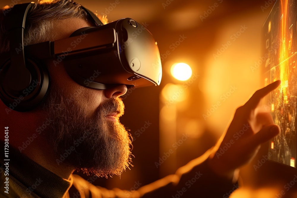 Poster man experiencing virtual reality while interacting with digital visuals in a dimly lit environment
