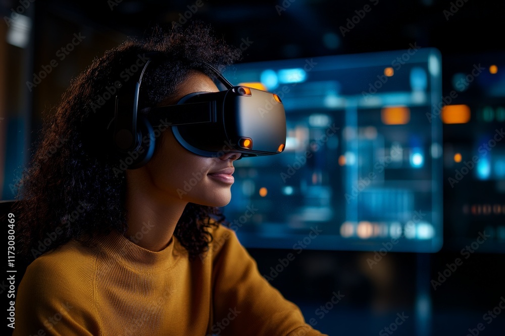 Aufkleber engaging in virtual reality experience while seated in a modern tech workspace