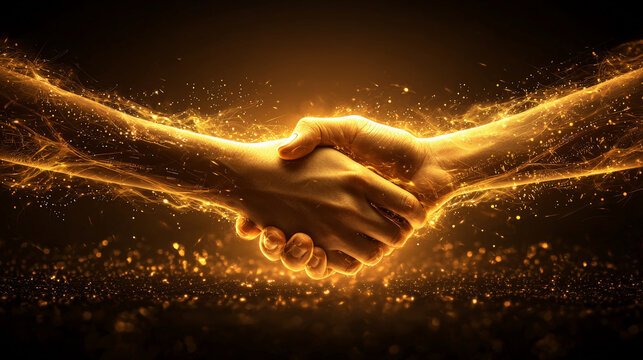 Golden handshake symbolizing partnership and collaboration in vibrant scene