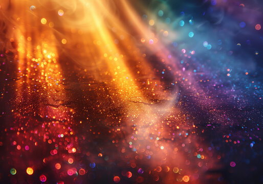 Ambiente de colores con rayos de luz y polvo brillante desenfocado en la habitaci&oacute;n.