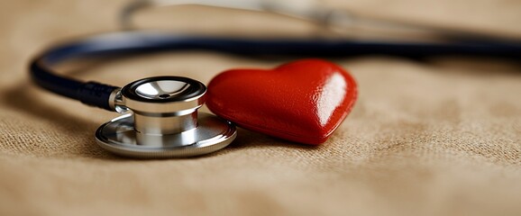Stethoscope and red heart on beige fabric.