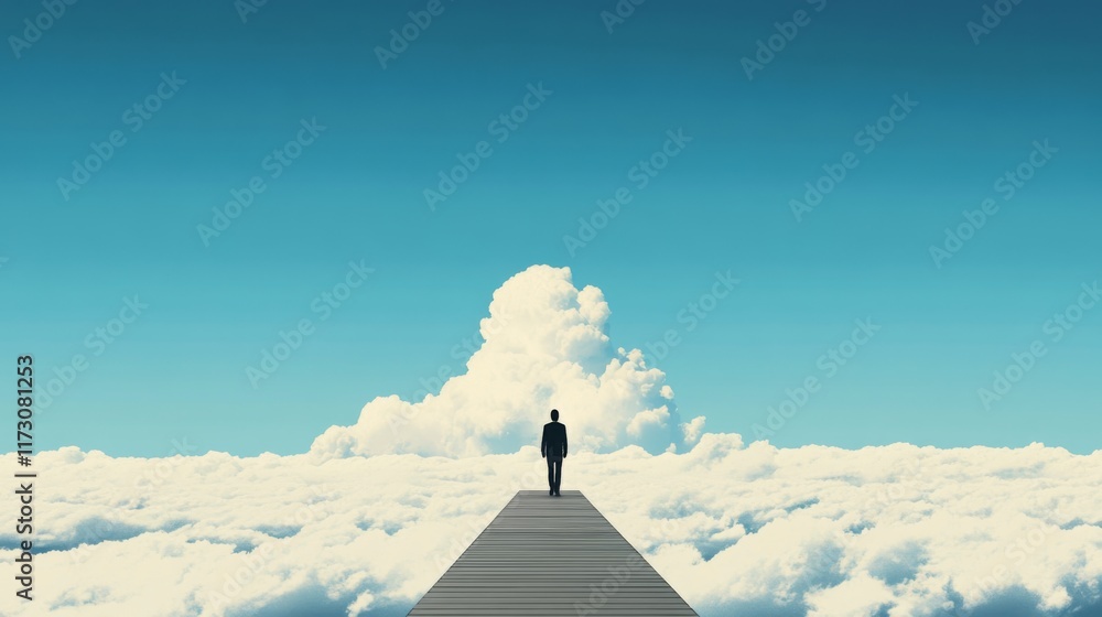 Poster man walks on a path above clouds towards a bright future.