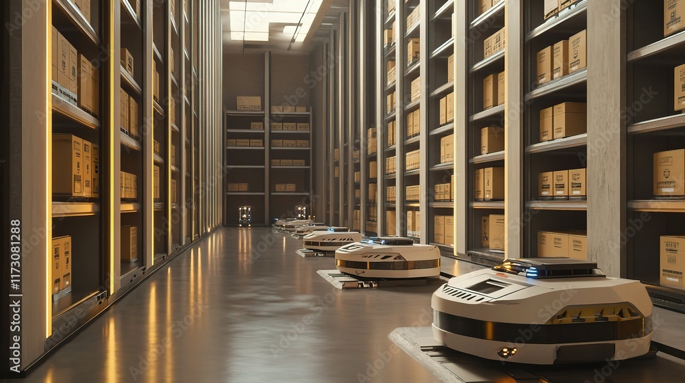 Poster futuristic 3d rendering of a warehouse with robots sorting items
