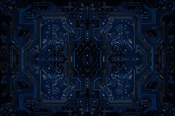 Abstract close-up of a glowing blue digital circuit board, showcasing intricate connections and technological design on a black background.
