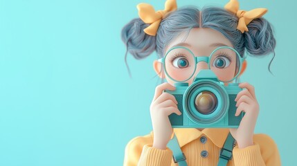 Adorable Cartoon Girl Photographer with Teal Camera and Bows