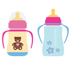 A cute illustration of a baby girl in a pink wrap, carried by pink heart-shaped balloons. baby boy in a blue