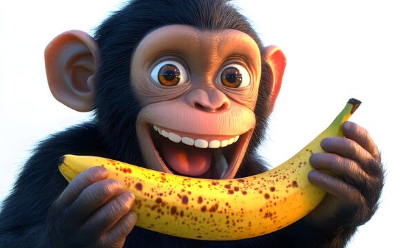 Happy chimp holding a ripe banana.