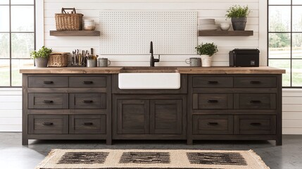 Farmhouse kitchen with dark wood cabinets, a farmhouse sink, and wooden countertops.
