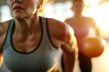 Dedicated fitness enthusiasts training vigorously indoors during a golden hour workout session