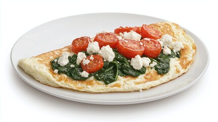 Delicious spinach and feta cheese omelette with roasted cherry tomatoes on a white plate.