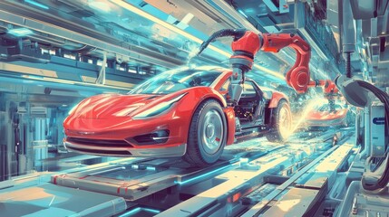 Futuristic red sports car on automated assembly line.