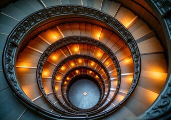 Fototapeta premium Spiraling staircase illuminated by warm lights in a historic building