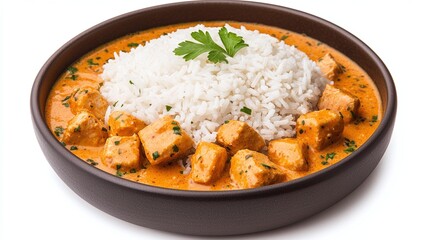 Delicious chicken curry served with fluffy white rice in a brown bowl.