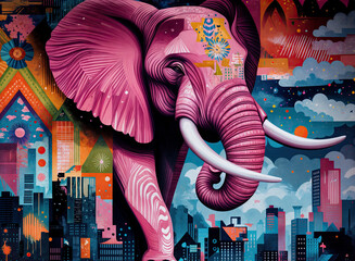 a vibrant, surreal scene featuring a large, pink elephant with white tusks, set against a backdrop of a cityscape and abstract shapes. The cityscape is filled with various buildings and geometric patt