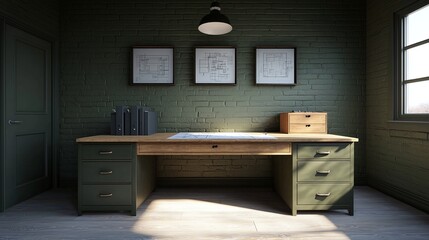 Dark green home office with wooden desk, drawings, and natural light.