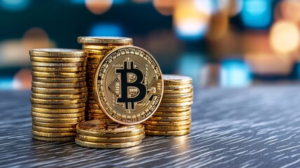 Bitcoin Cryptocurrency  Golden Coins Stacks  Digital Currency