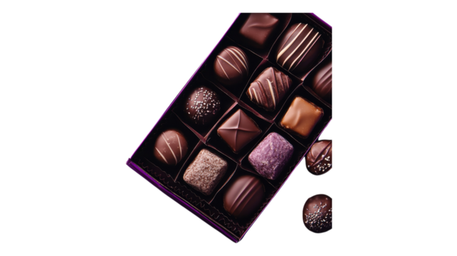 Assorted gourmet chocolates in a purple box displayed elegantly, showcasing various shapes and designs, perfect for gifting or indulgence.