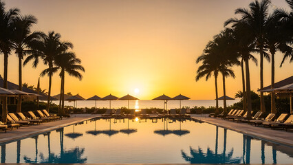 Obraz premium Luxurious Vacation Spot with Pool and Golden Sunrise
