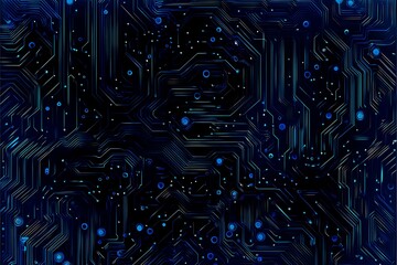 Abstract close-up of a glowing blue digital circuit board, showcasing intricate connections and technological design on a black background.
