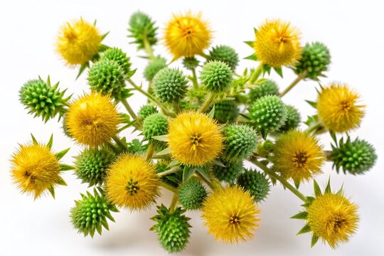 Aerial Drone Shot: Tribulus Terrestris Plant with Spiny Fruits & Yellow Flowers on White Background - 4K