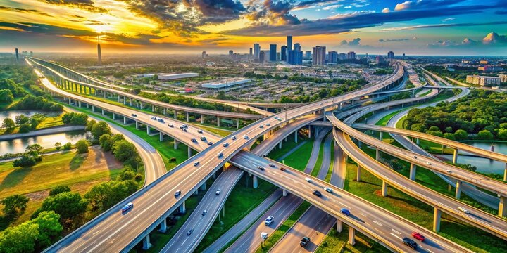 Aerial Drone View of Houston Katy Freeway Traffic, Texas Highway Overpass