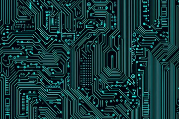 Abstract close-up of a glowing blue digital circuit board, showcasing intricate connections and technological design on a black background.
