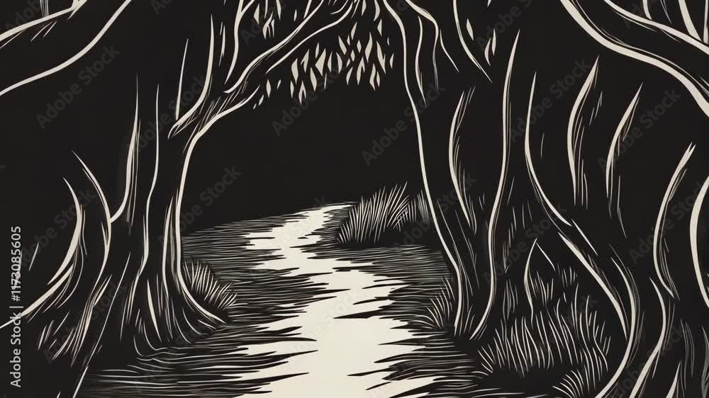 Poster winding path through dark trees in a mysterious forest at twilight showcasing intricate silhouettes