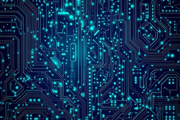 Abstract close-up of a glowing blue digital circuit board, showcasing intricate connections and technological design on a black background.
