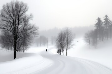 Winter landscape with skiers navigating snowy trails in a foggy mountain area