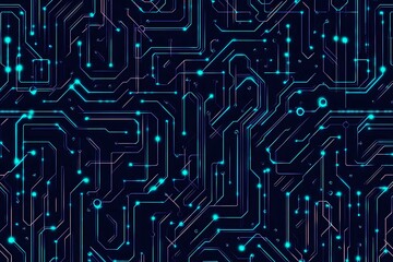 Abstract close-up of a glowing blue digital circuit board, showcasing intricate connections and technological design on a black background.
