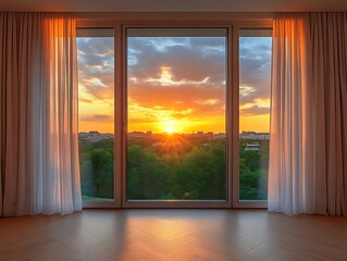 Sunset view through large window in modern room.