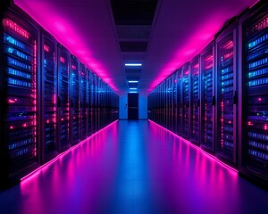 Fototapeta premium Neon-lit server room corridor. (1)