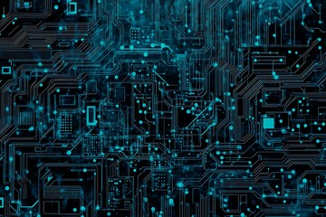 Abstract close-up of a glowing blue digital circuit board, showcasing intricate connections and technological design on a black background.

