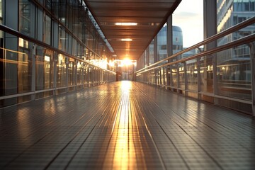Sunset glow illuminating a modern corridor with glass walls in an urban setting