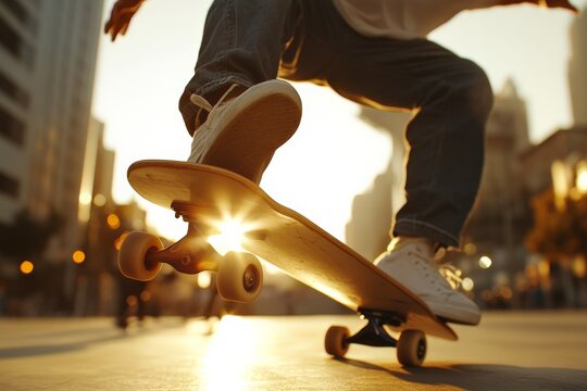 Skateboarder performs tricks at sunset in an urban park with warm golden light