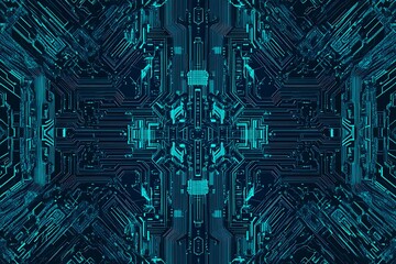 Abstract close-up of a glowing blue digital circuit board, showcasing intricate connections and technological design on a black background.

