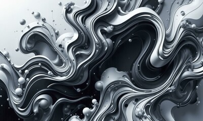 Obraz premium Flowing Gray And Silver Wavy Lines With Metallic Finish And Scattered Bubbles